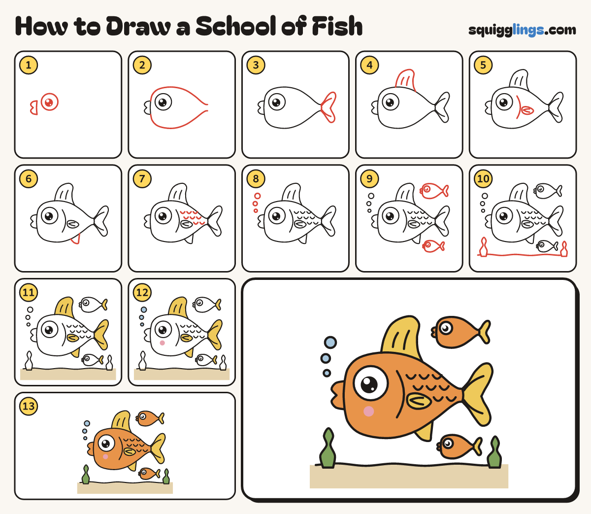 How to Draw a School of Fish step by step: all 13 steps in one picture