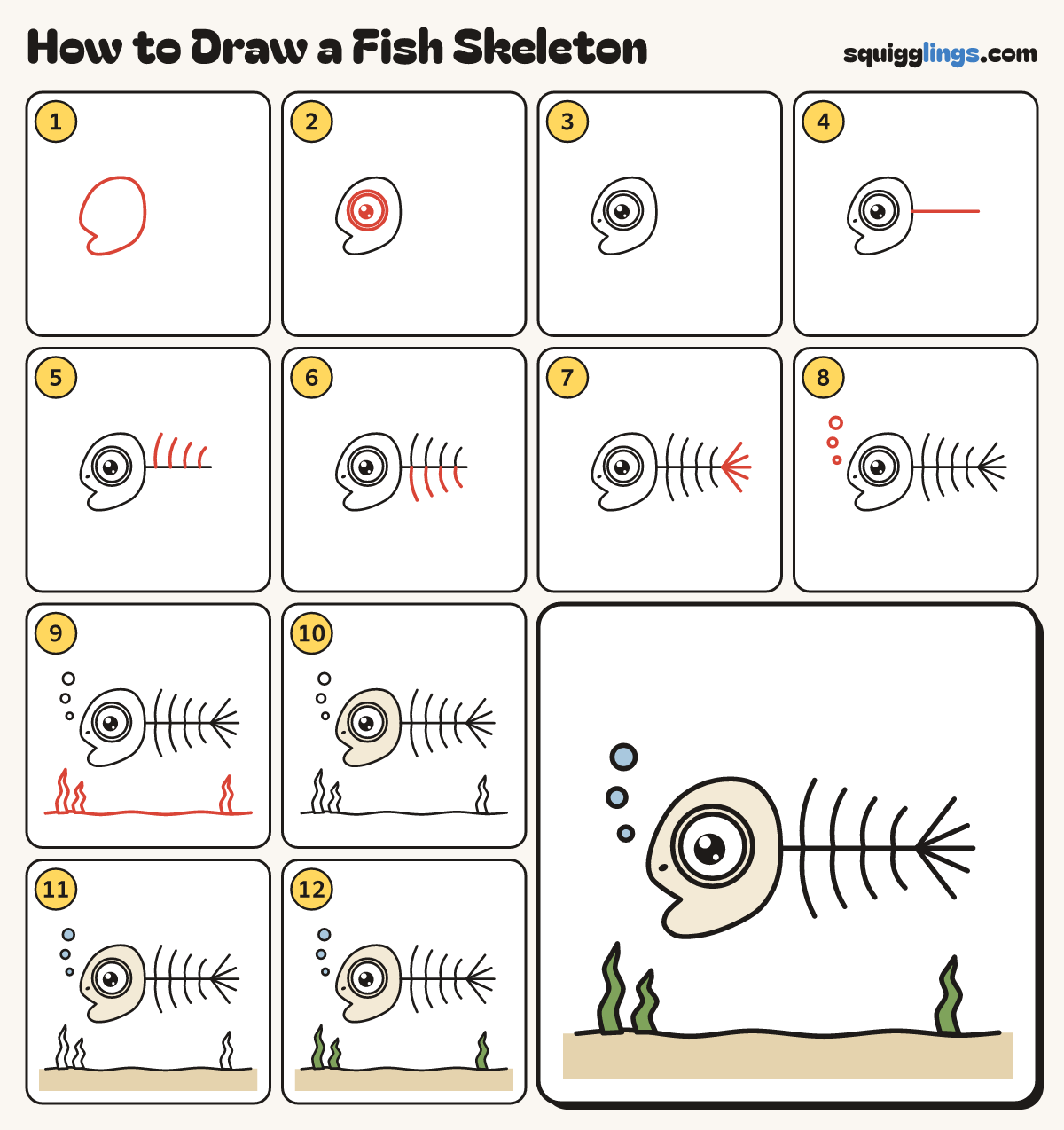 How to Draw a Fish Skeleton step by step: all 12 steps in one picture