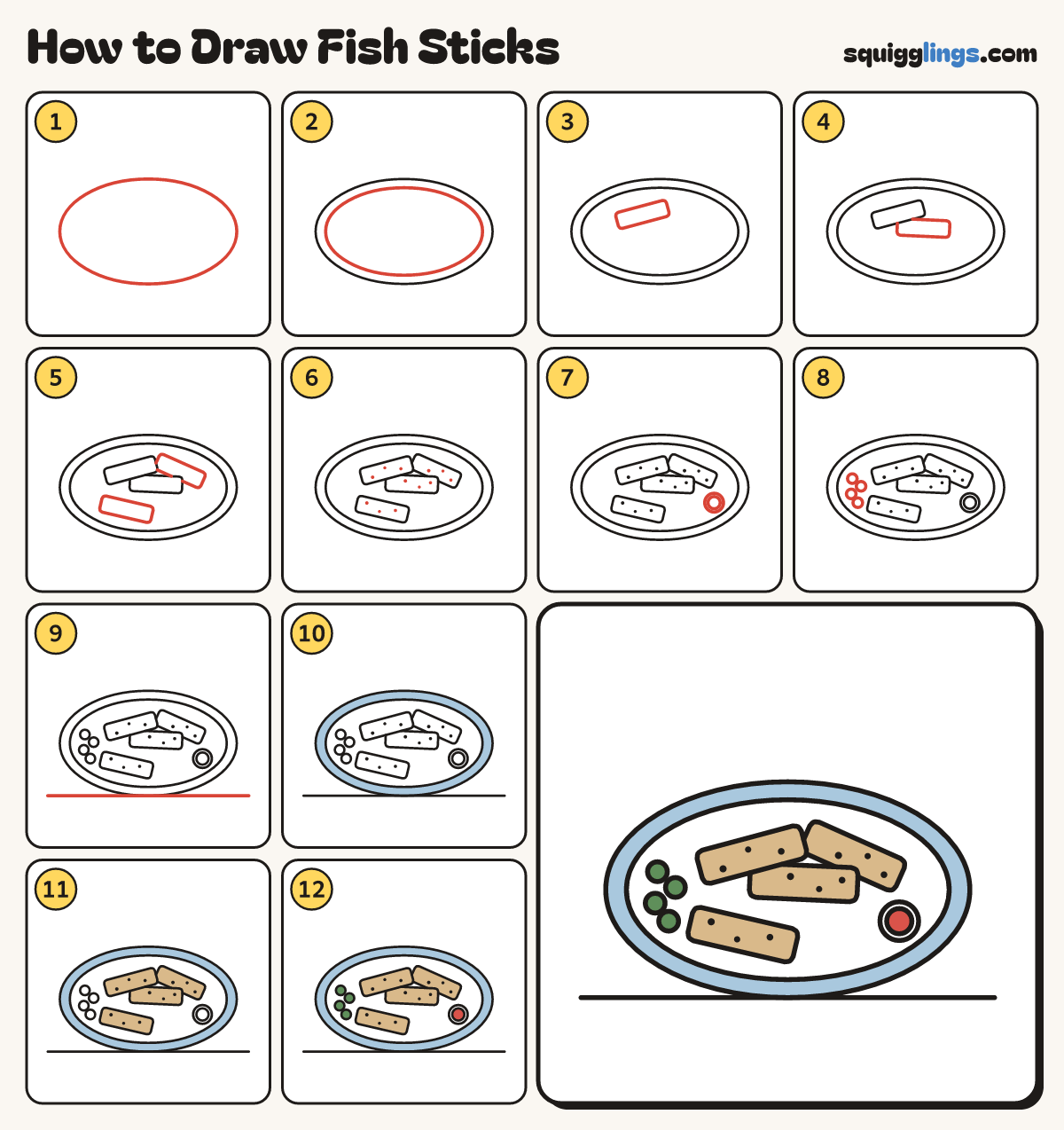 How to Draw Fish Sticks step by step: all 12 steps in one picture