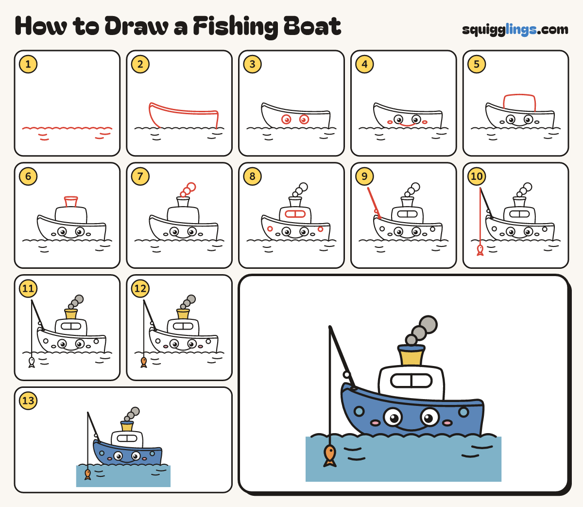 How to Draw a Fishing Boat step by step: all 13 steps in one picture