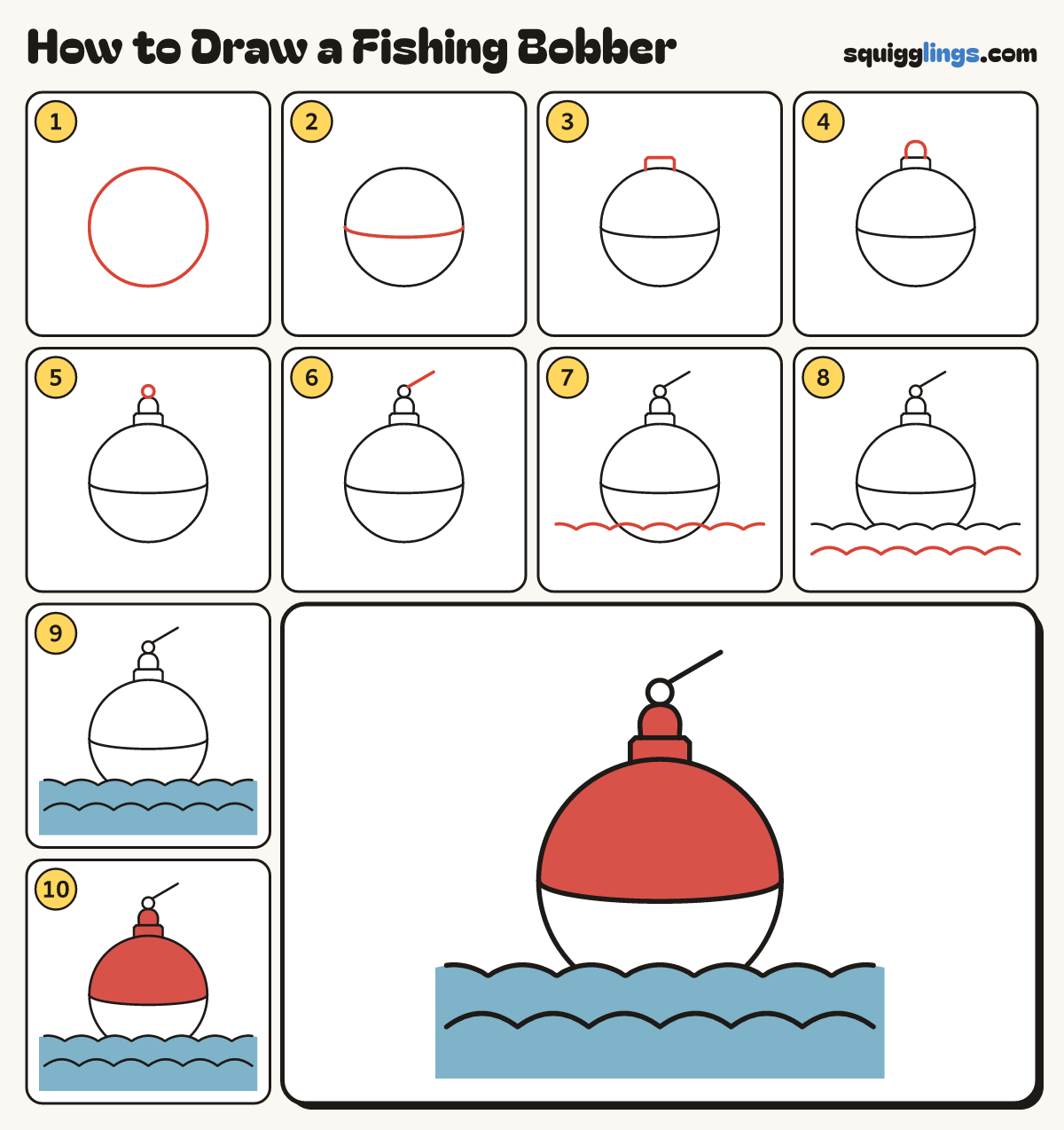 How to Draw a Fishing Bobber step by step: all 10 steps in one picture