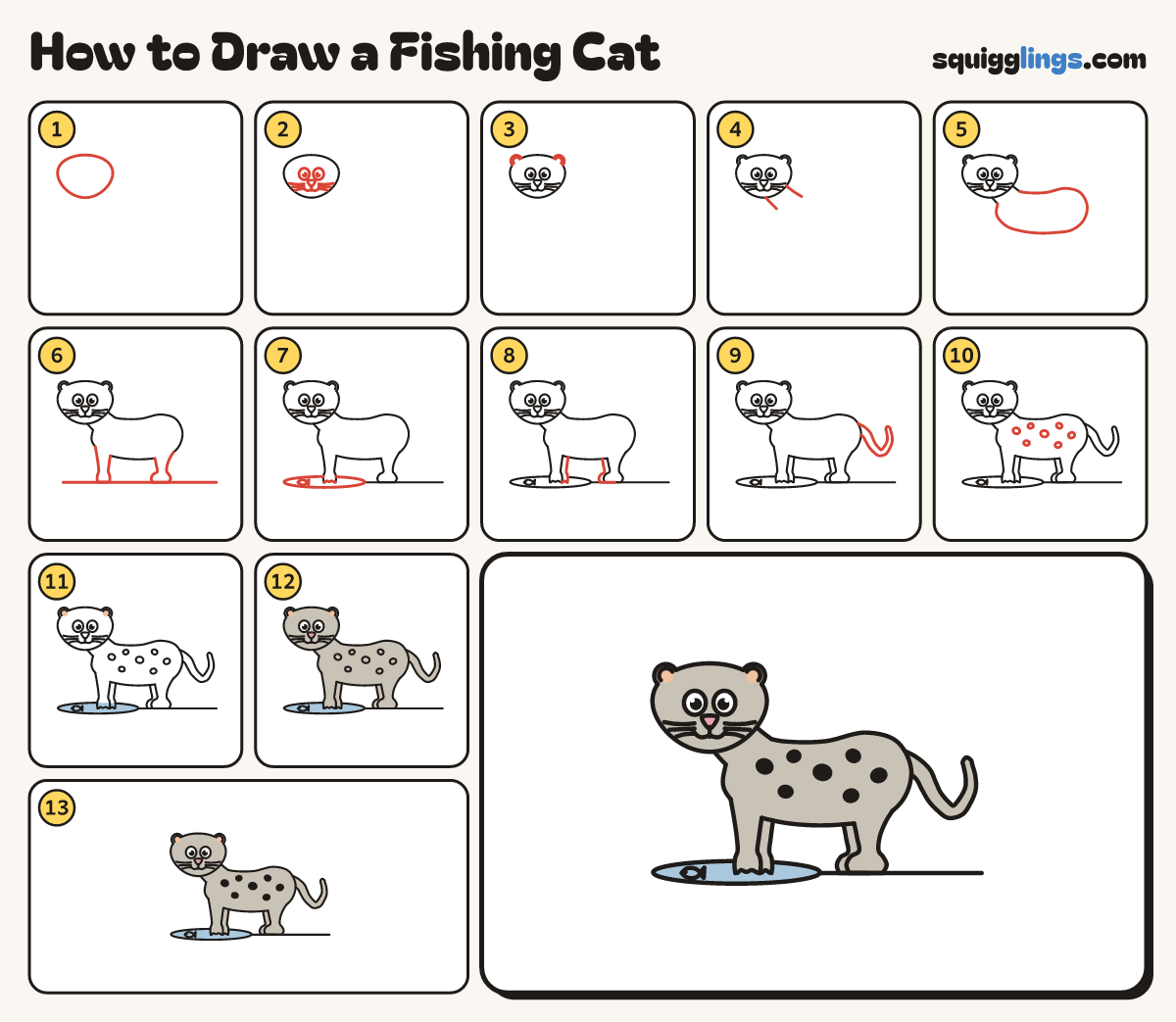 How to Draw a Fishing Cat step by step: all 13 steps in one picture
