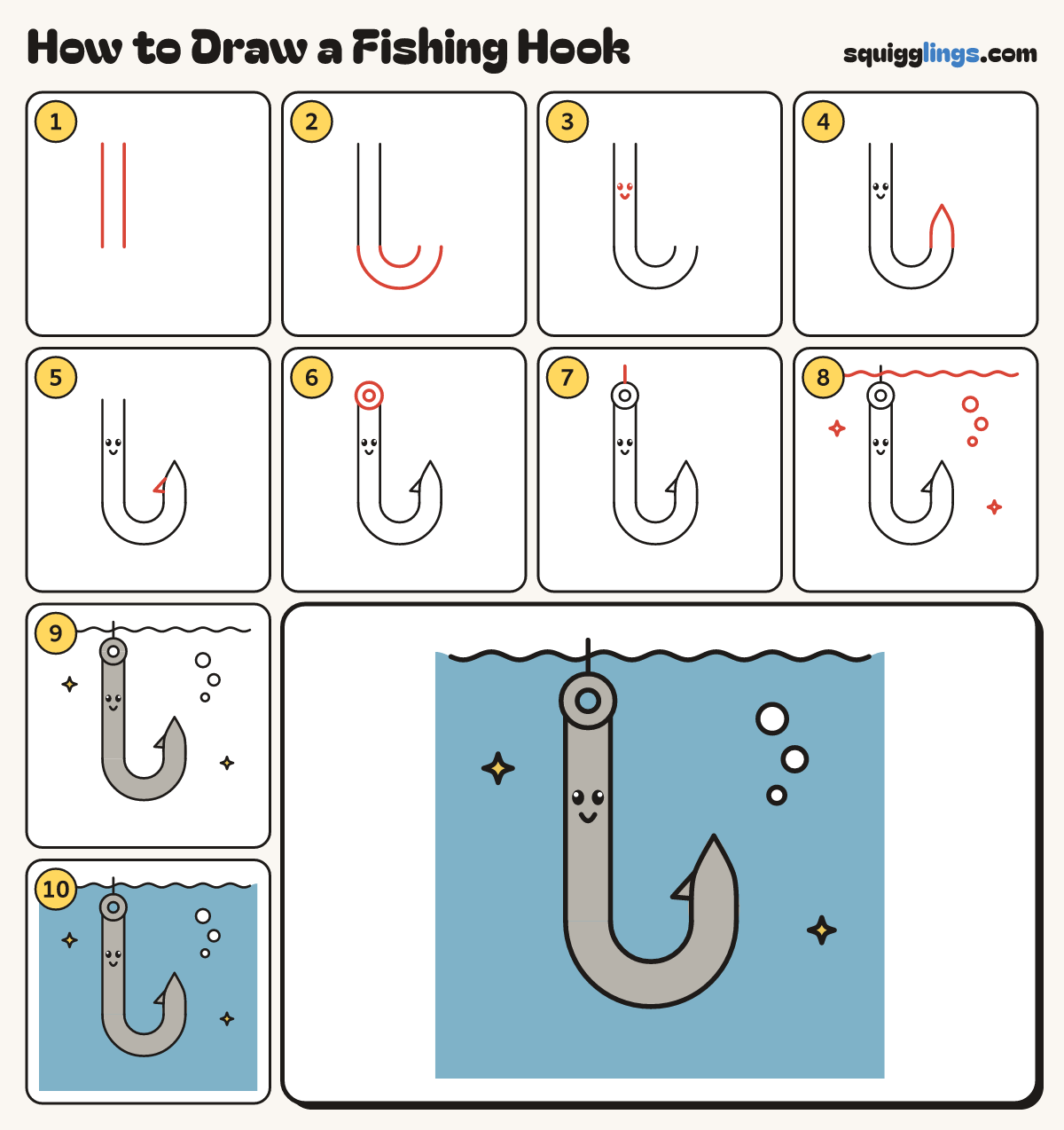 How to Draw a Fishing Hook step by step: all 10 steps in one picture