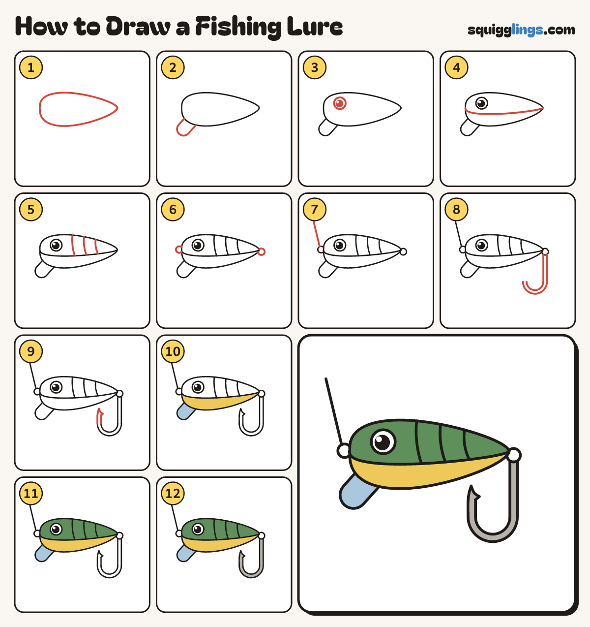 How to Draw a Fishing Lure step by step: all 12 steps in one picture