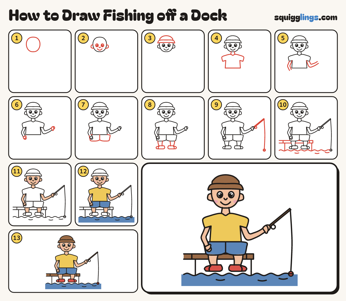 How to Draw Fishing off a Dock step by step: all 13 steps in one picture
