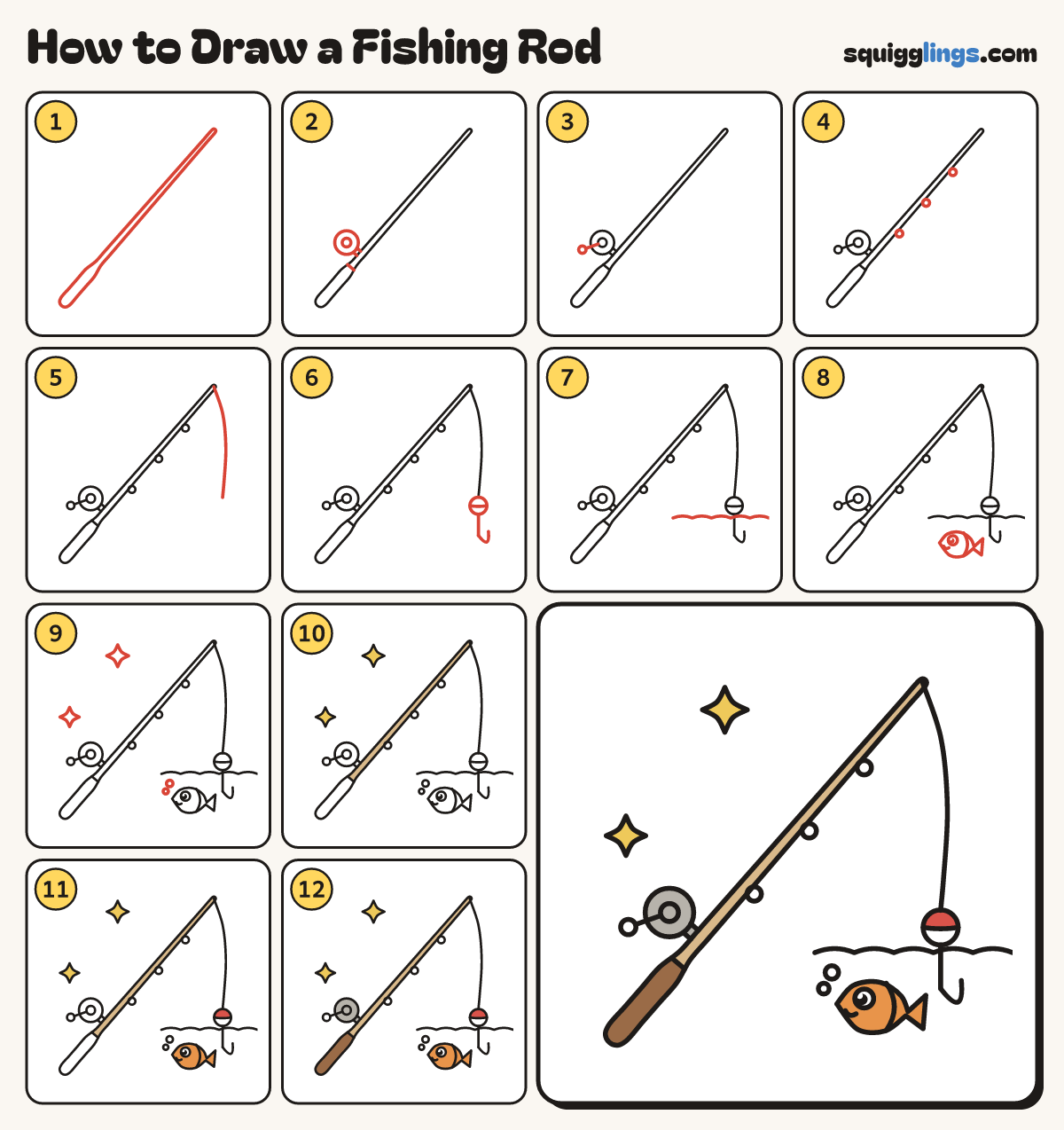 How to Draw a Fishing Rod step by step: all 12 steps in one picture