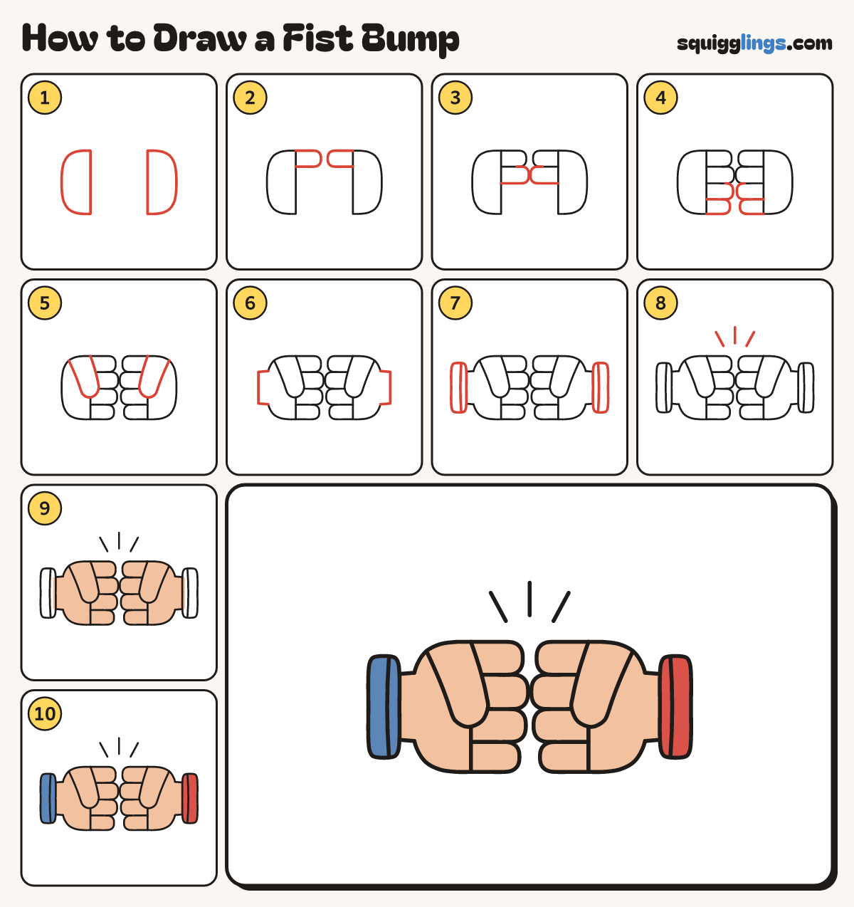 How to Draw a Fist Bump step by step: all 10 steps in one picture