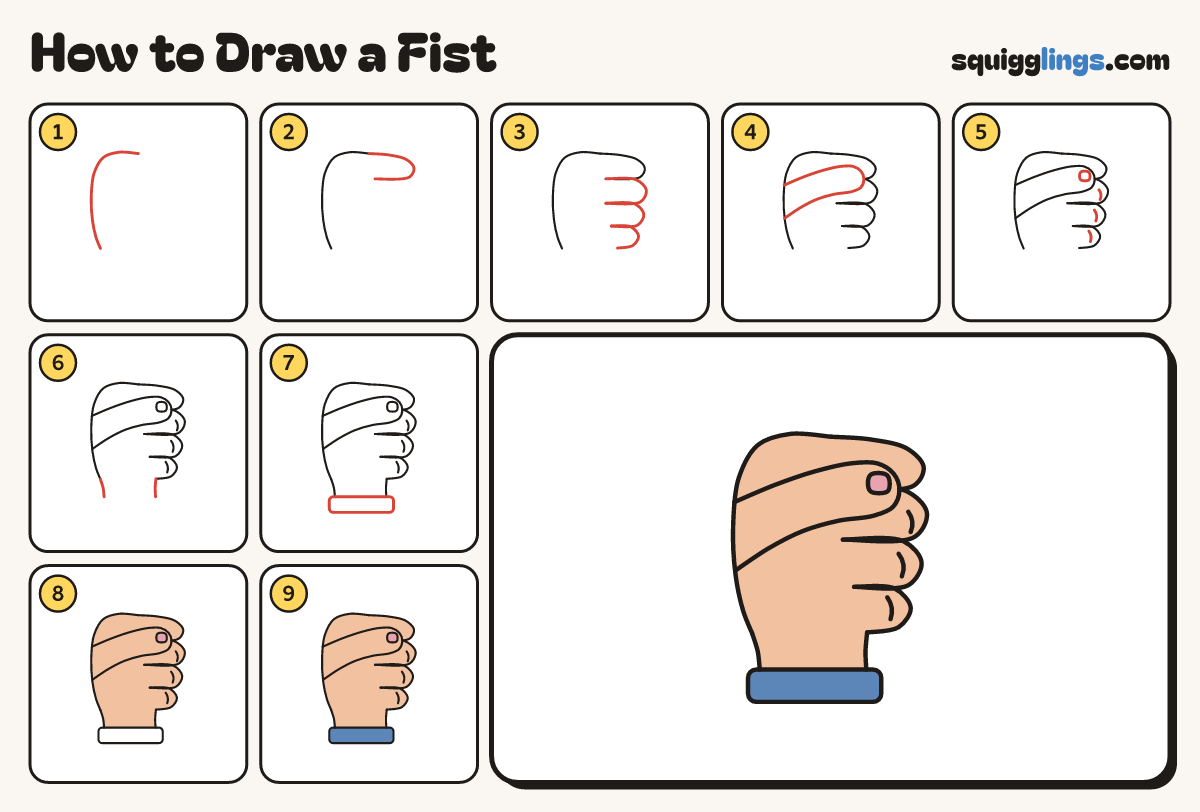 How to Draw a Fist step by step: all 9 steps in one picture