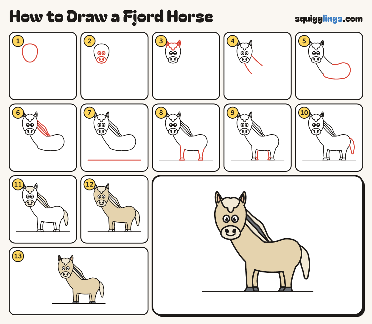 How to Draw a Fjord Horse step by step: all 13 steps in one picture