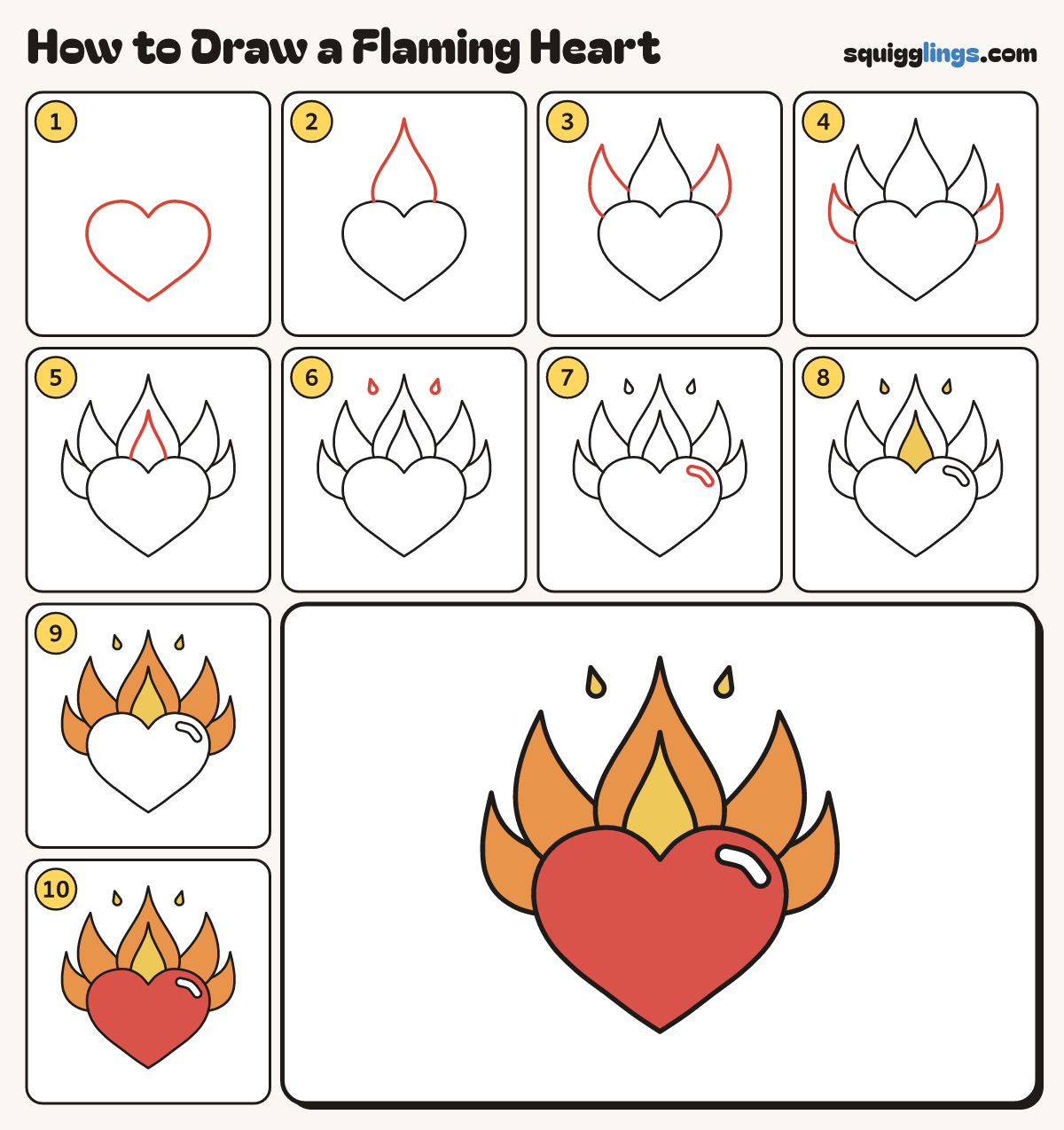 How to Draw a Flaming Heart step by step: all 10 steps in one picture
