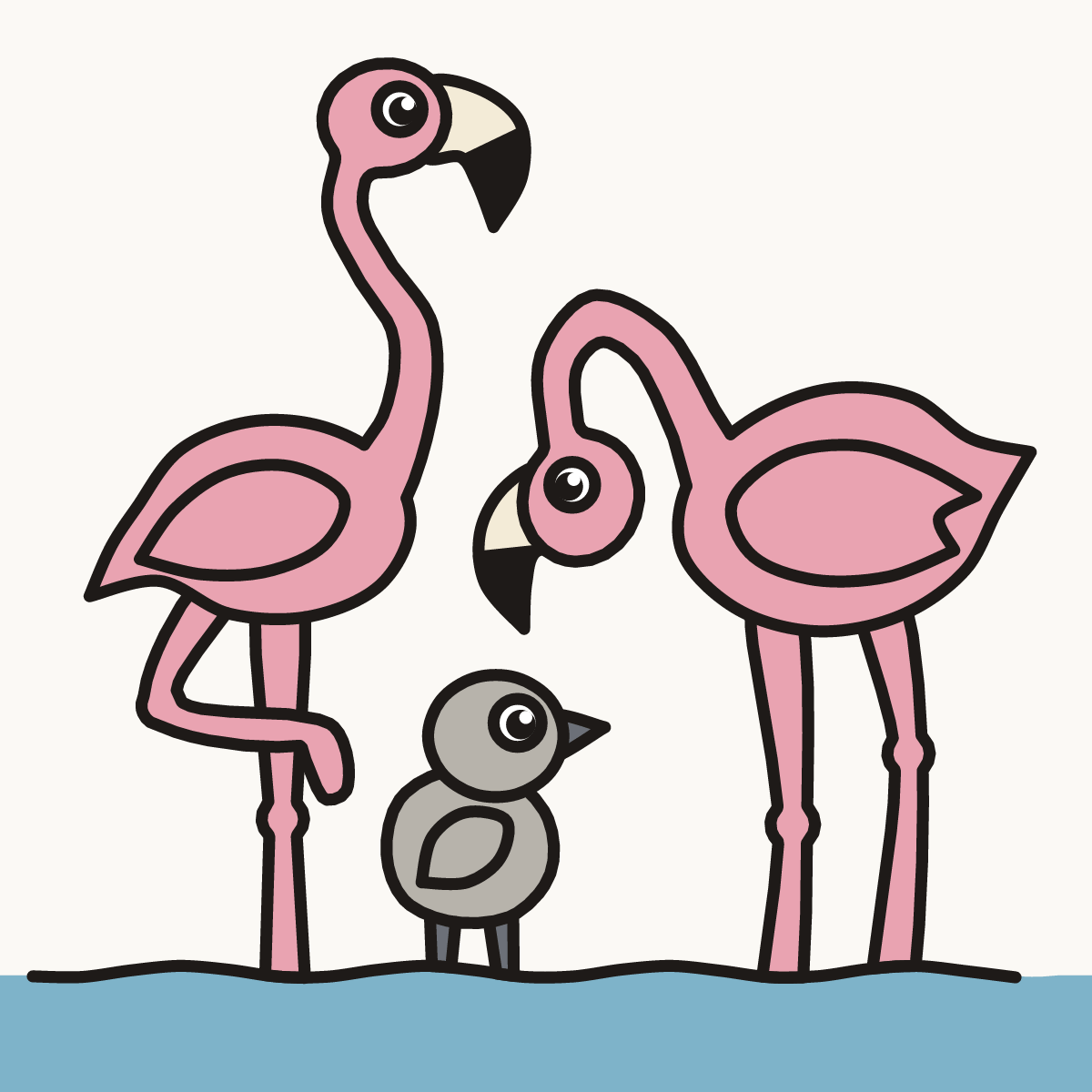 Finished drawing of a flamingo family