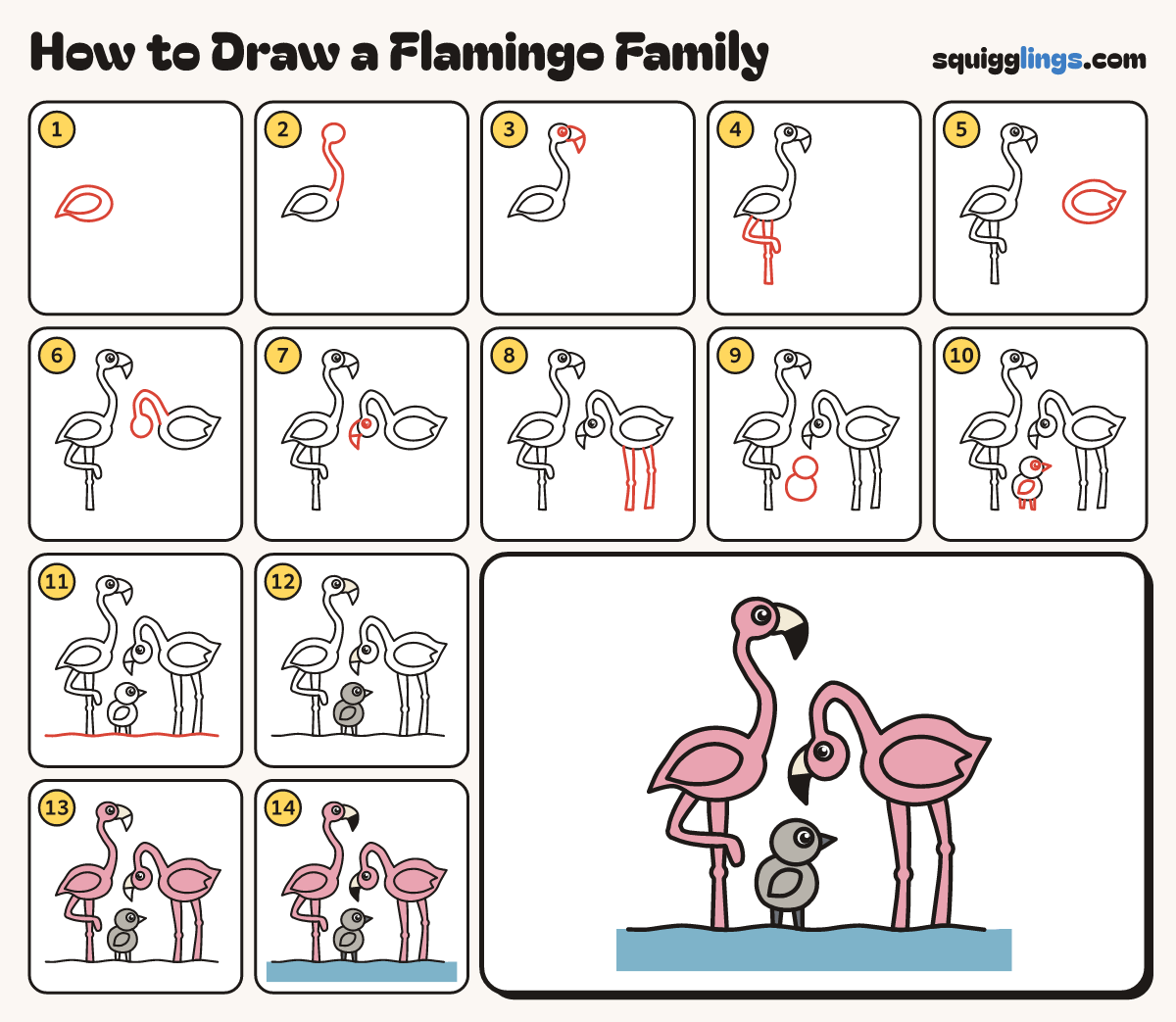 How to Draw a Flamingo Family step by step: all 14 steps in one picture