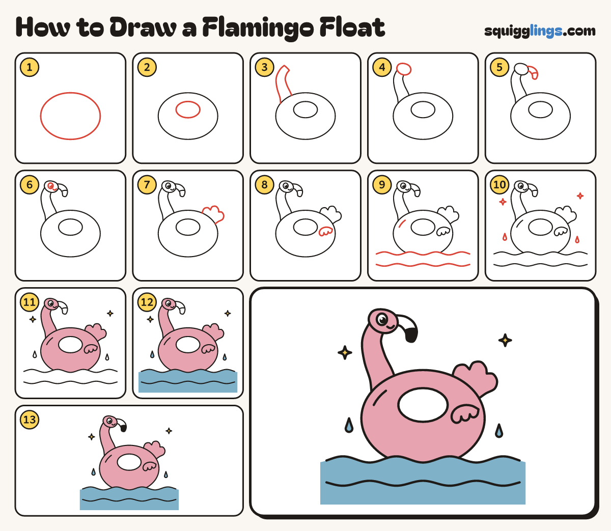 How to Draw a Flamingo Float step by step: all 13 steps in one picture