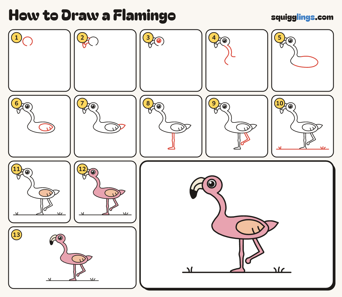 How to Draw a Flamingo step by step: all 13 steps in one picture