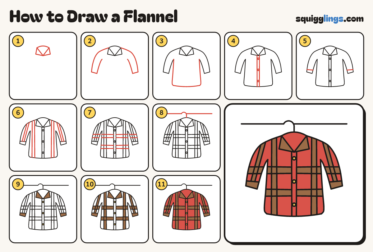 How to Draw a Flannel step by step: all 11 steps in one picture