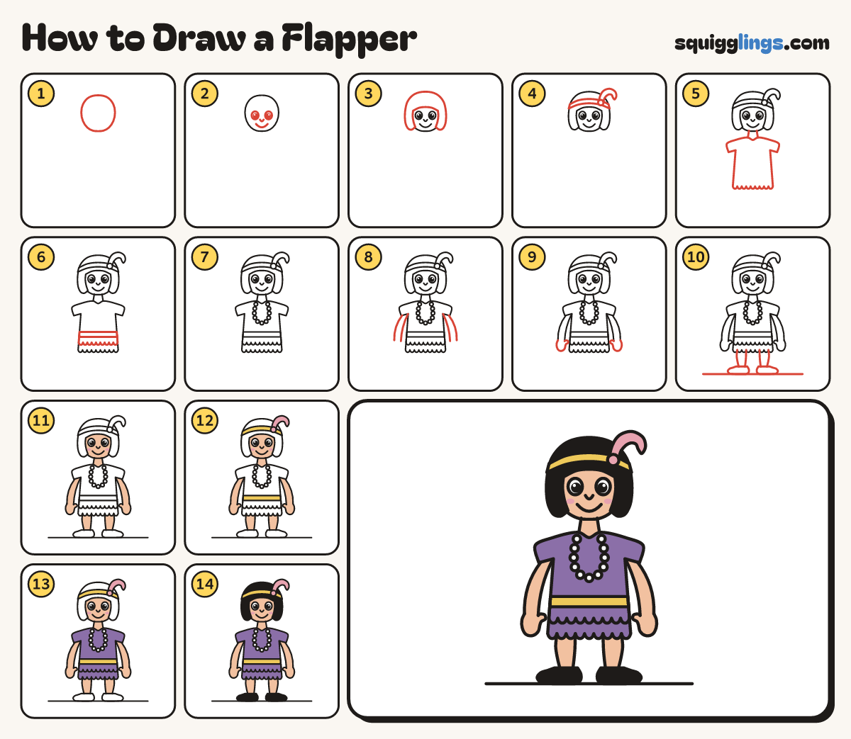 How to Draw a Flapper step by step: all 14 steps in one picture