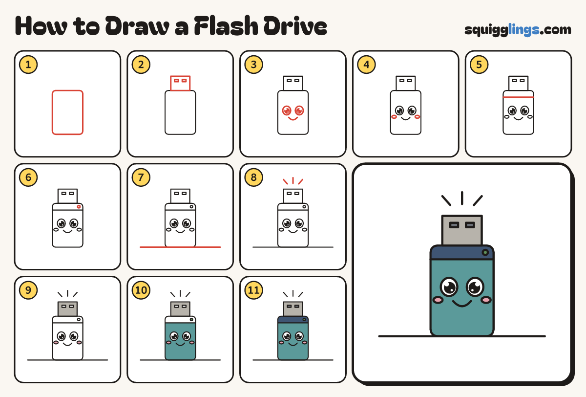 How to Draw a Flash Drive step by step: all 11 steps in one picture