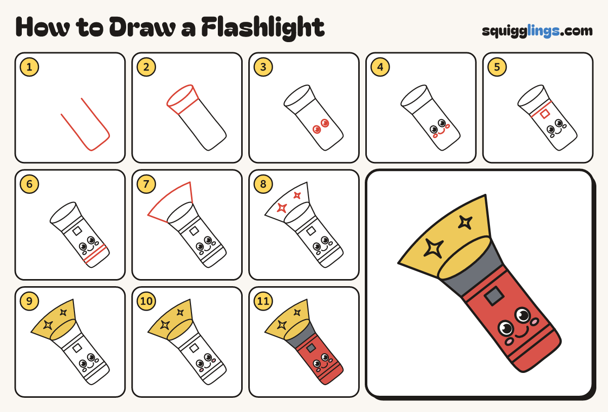How to Draw a Flashlight step by step: all 11 steps in one picture