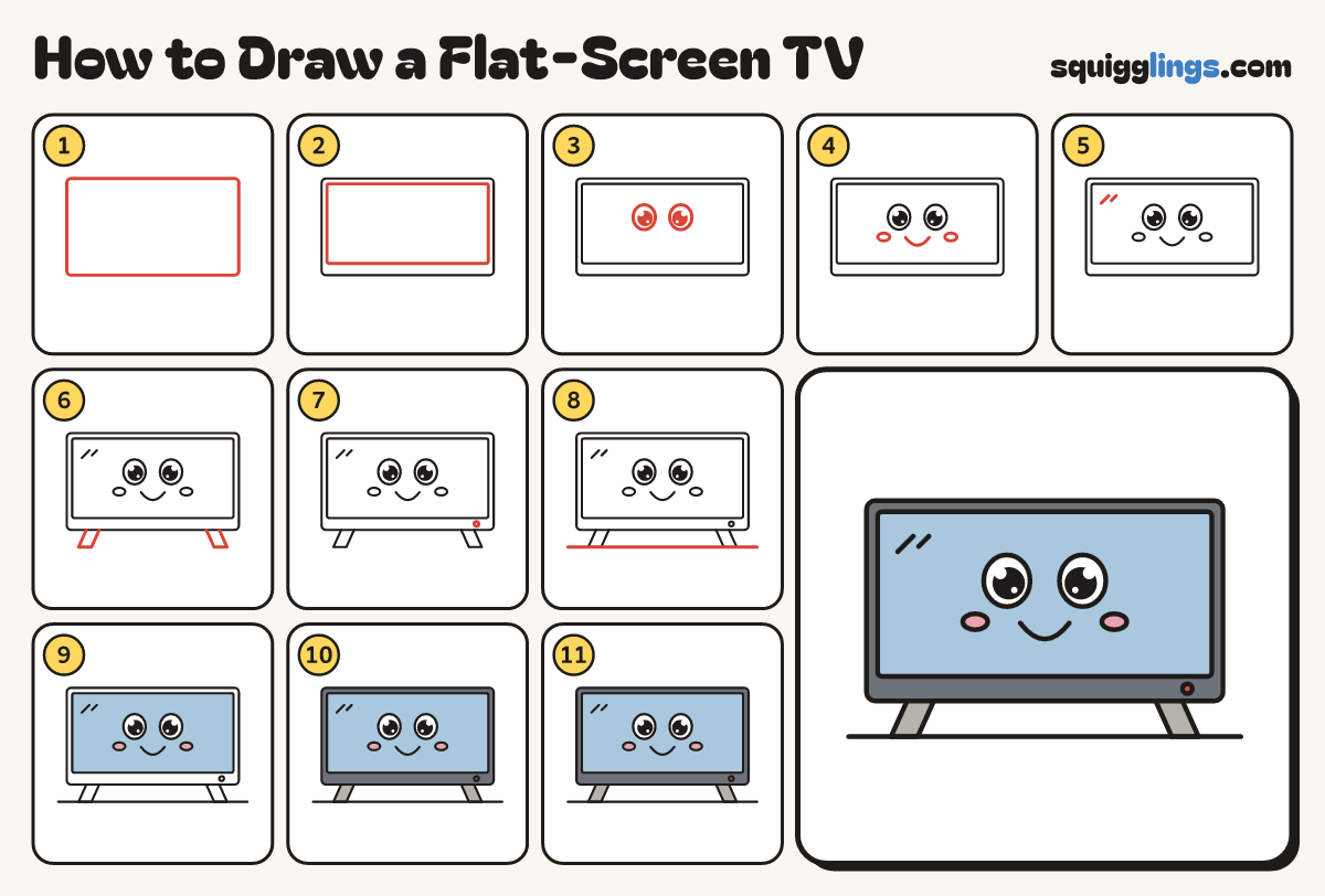 How to Draw a Flat-Screen TV step by step: all 11 steps in one picture