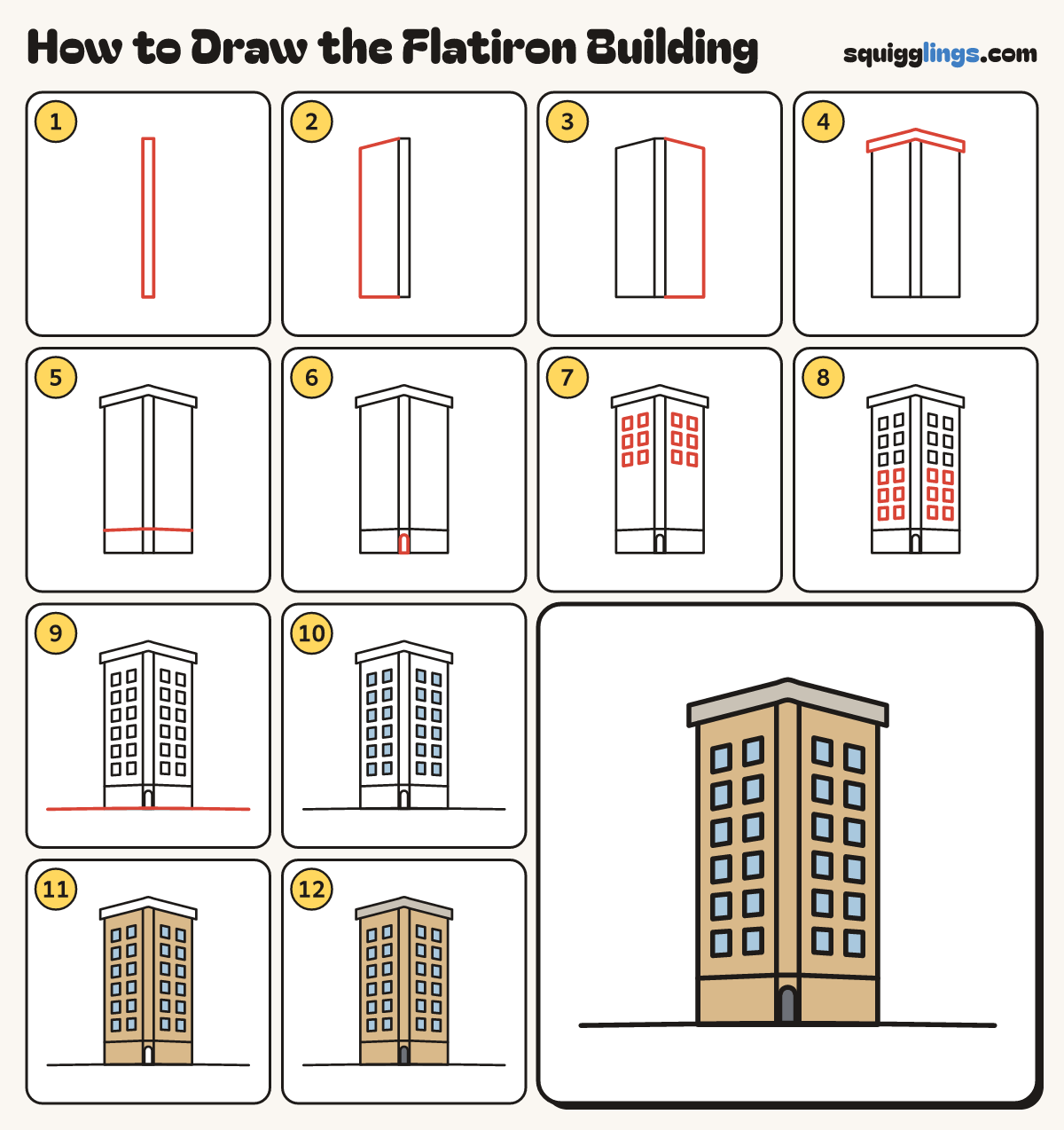 How to Draw the Flatiron Building step by step: all 12 steps in one picture