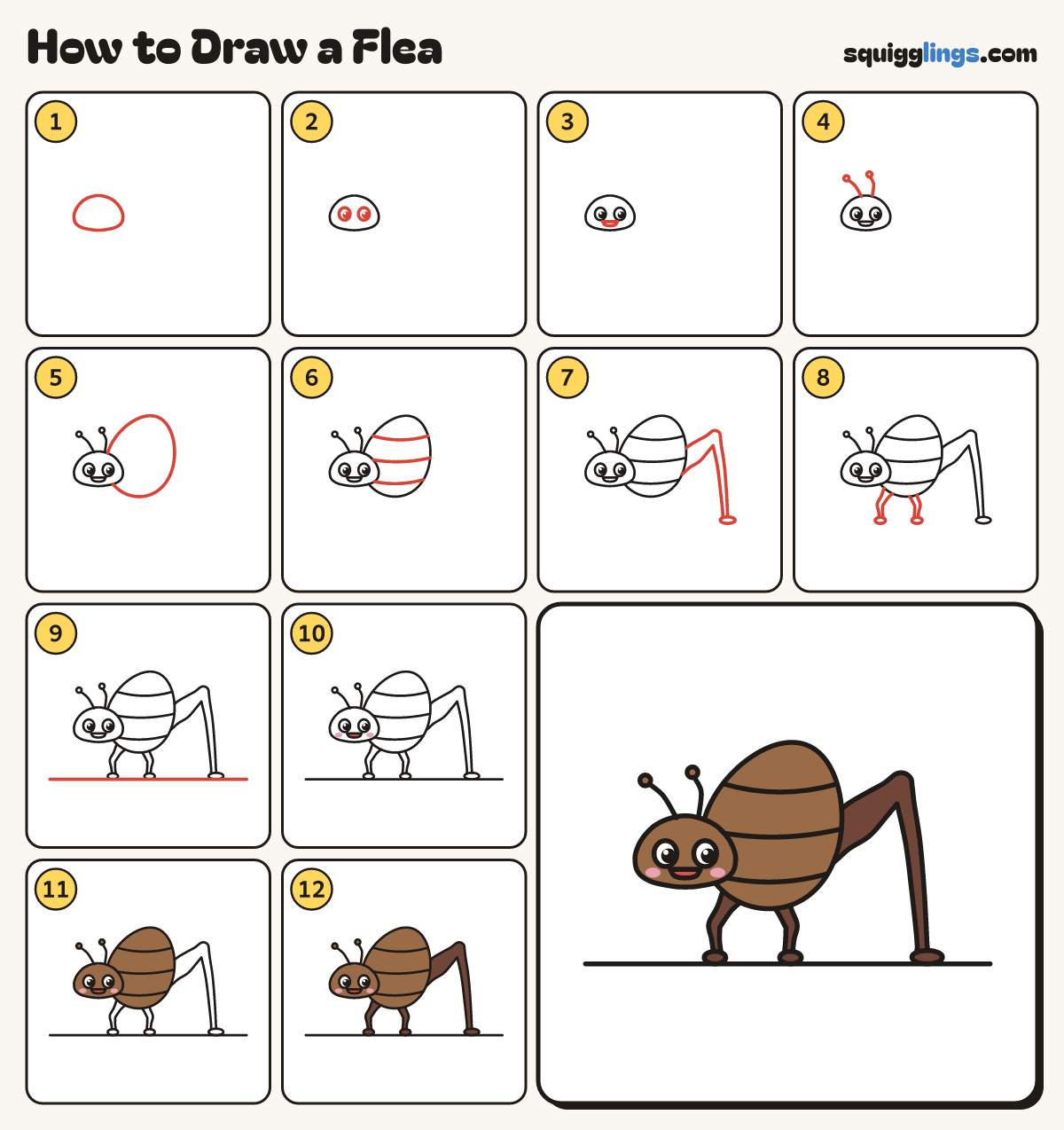 How to Draw a Flea step by step: all 12 steps in one picture