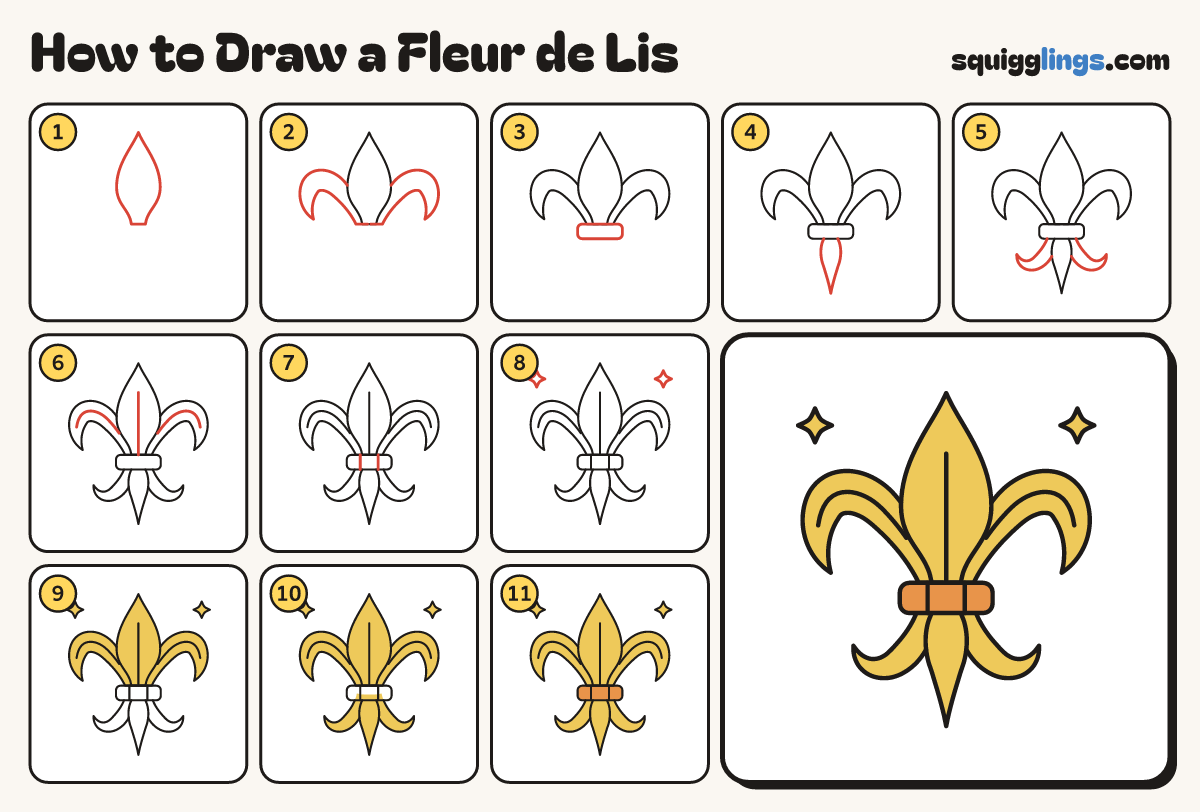 How to Draw a Fleur de Lis step by step: all 11 steps in one picture