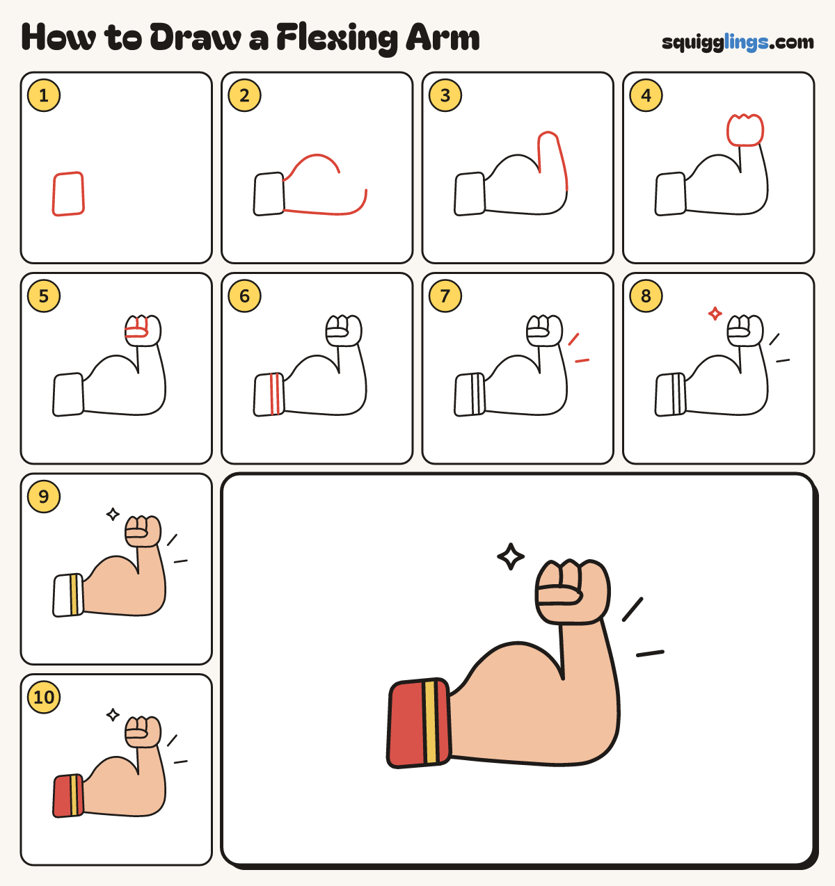 How to Draw a Flexing Arm step by step: all 10 steps in one picture