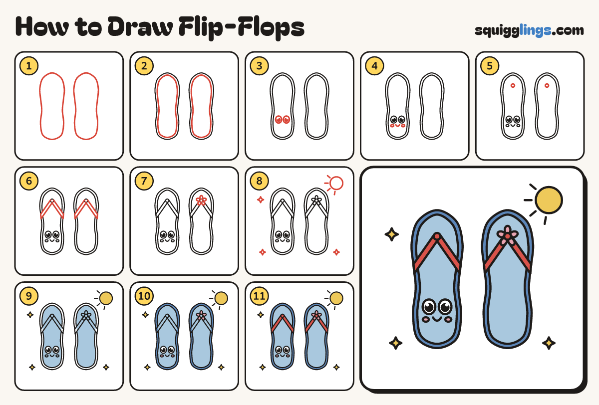 How to Draw Flip-Flops step by step: all 11 steps in one picture