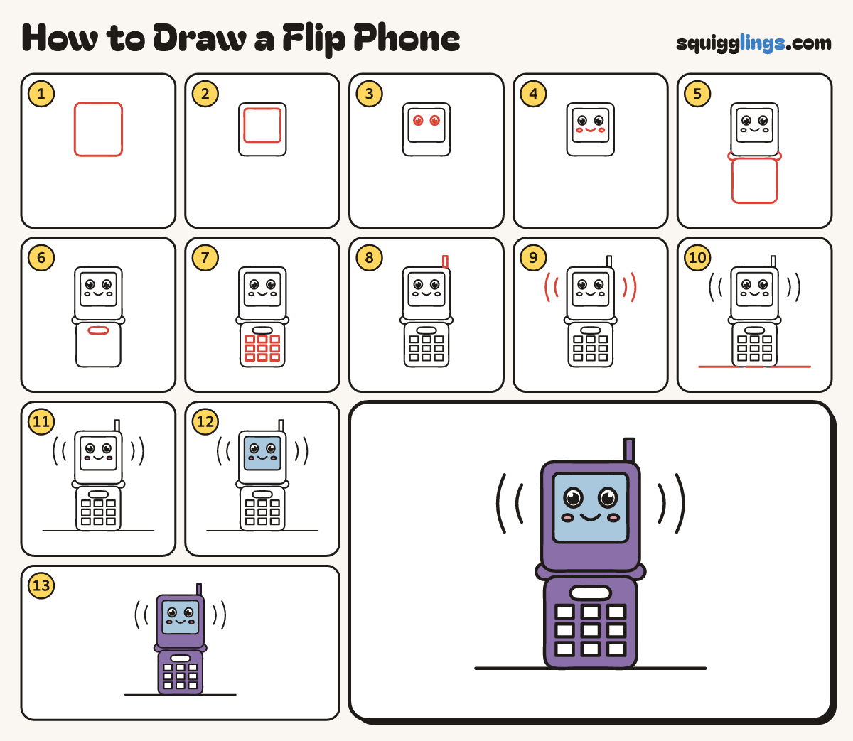 How to Draw a Flip Phone step by step: all 13 steps in one picture