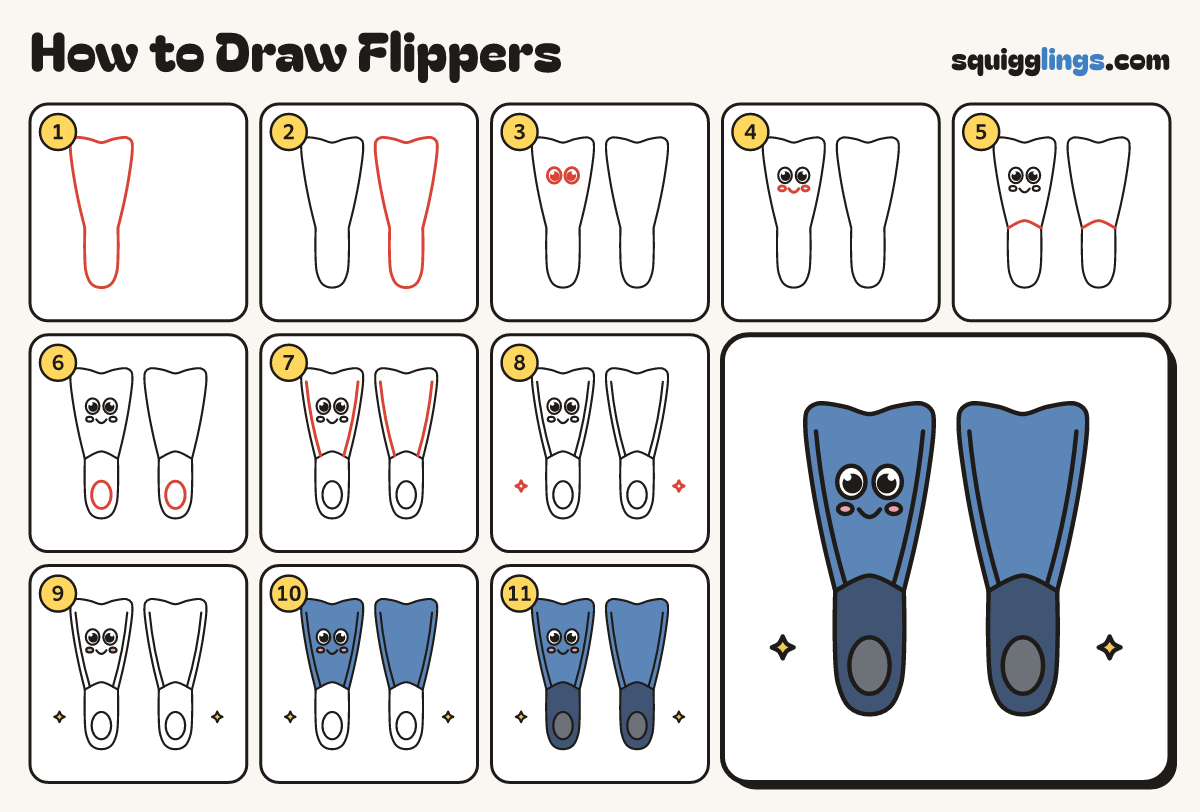 How to Draw Flippers step by step: all 11 steps in one picture