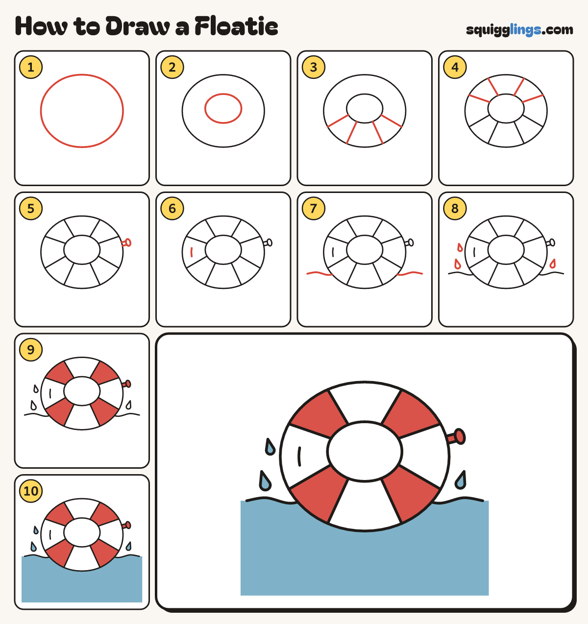 How to Draw a Floatie step by step: all 10 steps in one picture