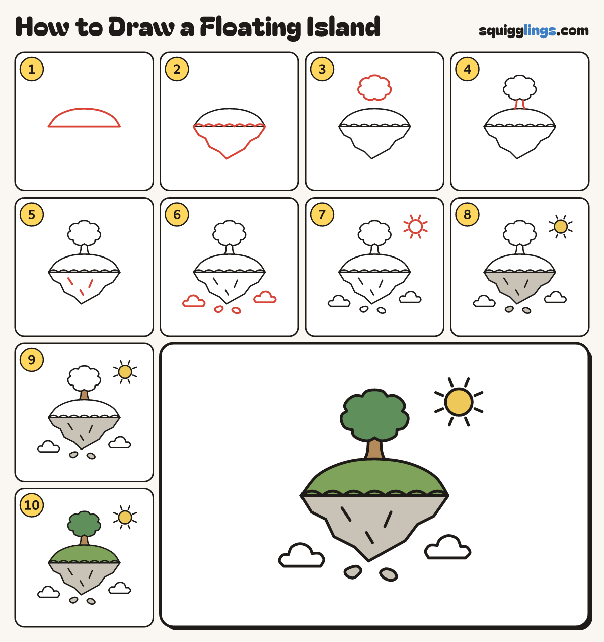 How to Draw a Floating Island step by step: all 10 steps in one picture