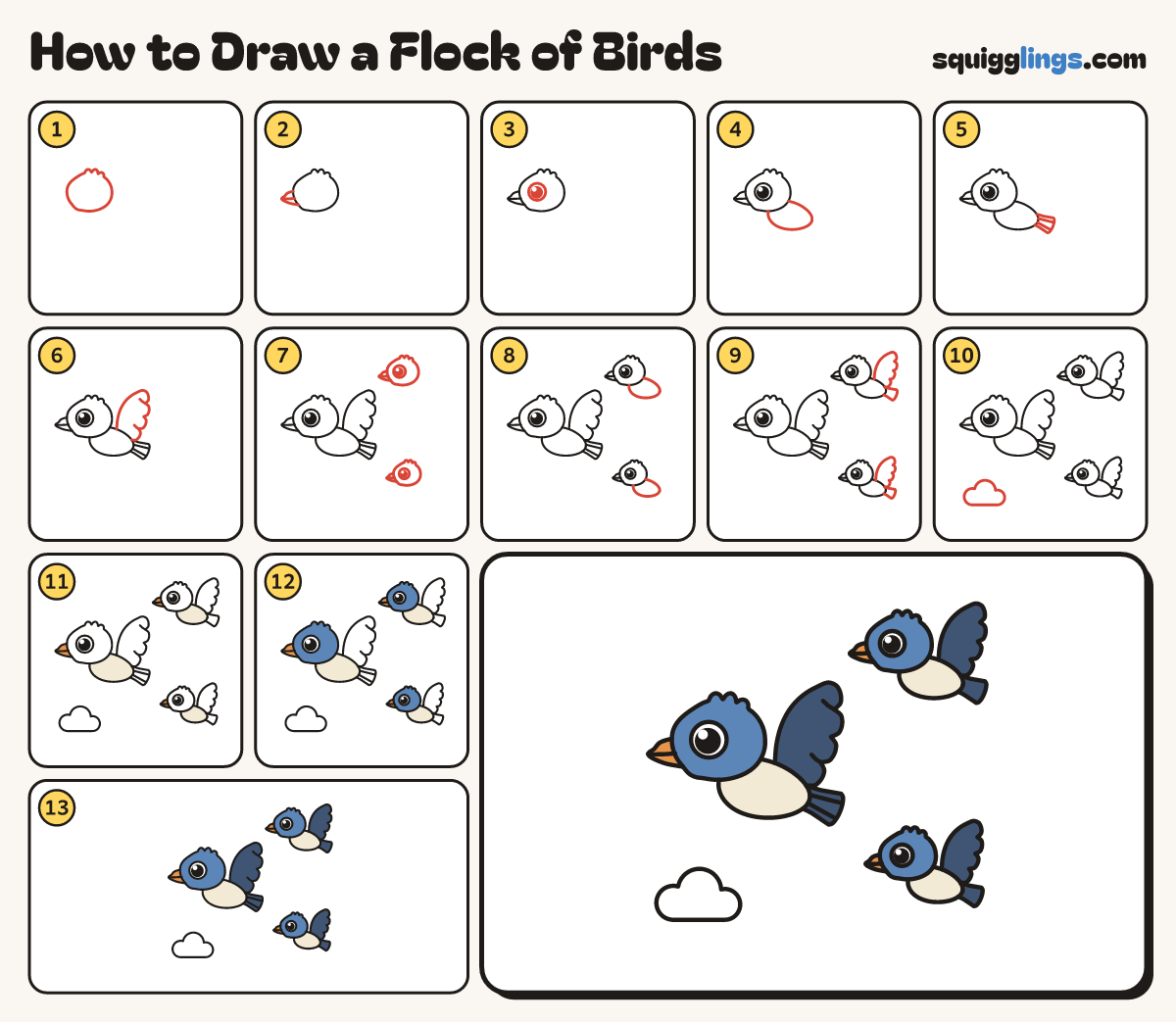 How to Draw a Flock of Birds step by step: all 13 steps in one picture