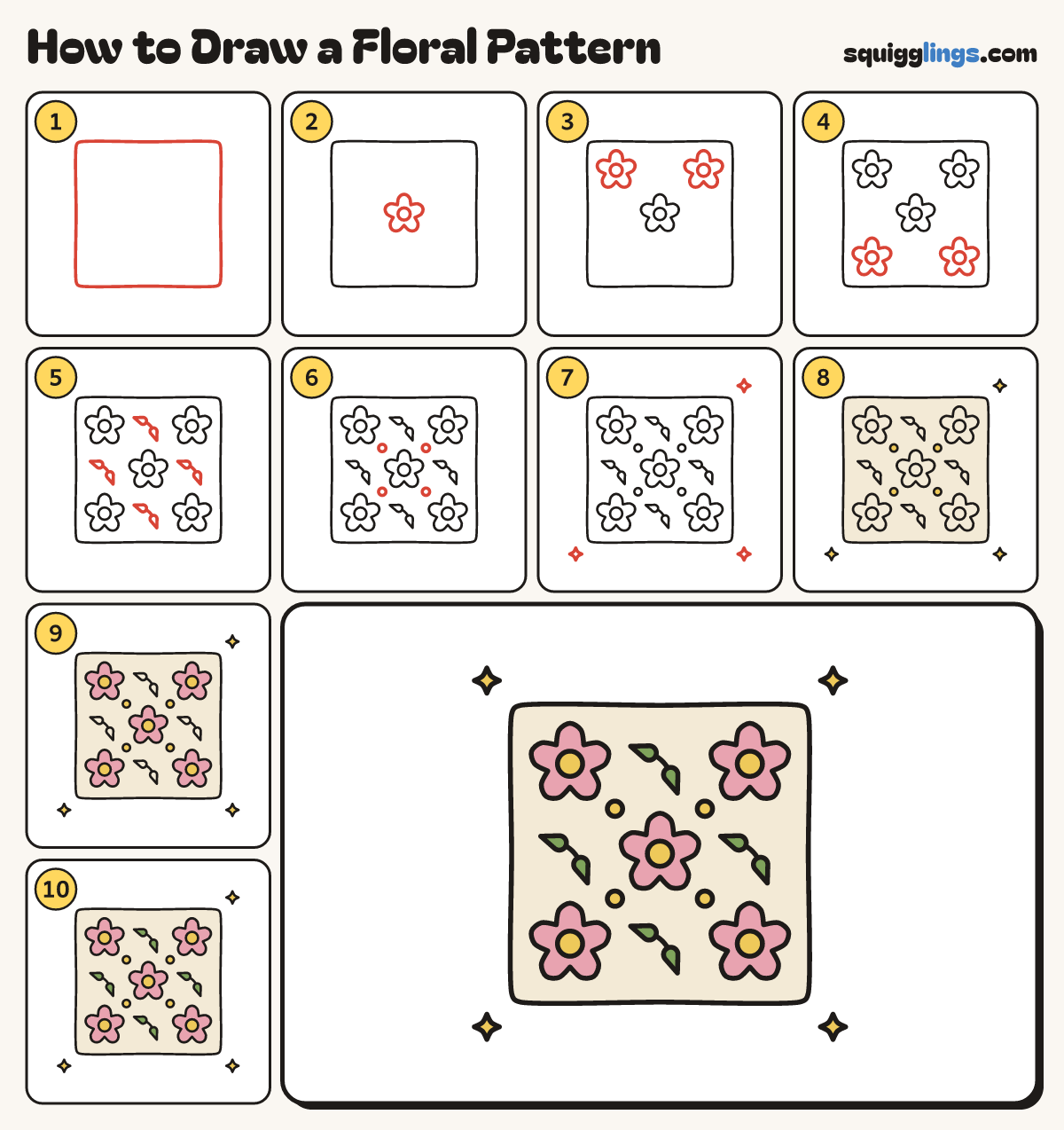 How to Draw a Floral Pattern step by step: all 10 steps in one picture
