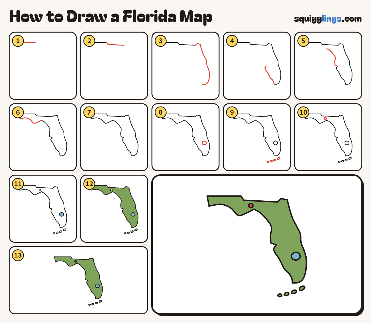 How to Draw a Florida Map step by step: all 13 steps in one picture