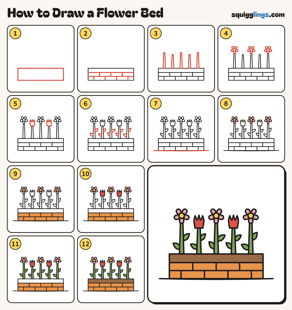 How to Draw a Flower Bed step by step: all 12 steps in one picture