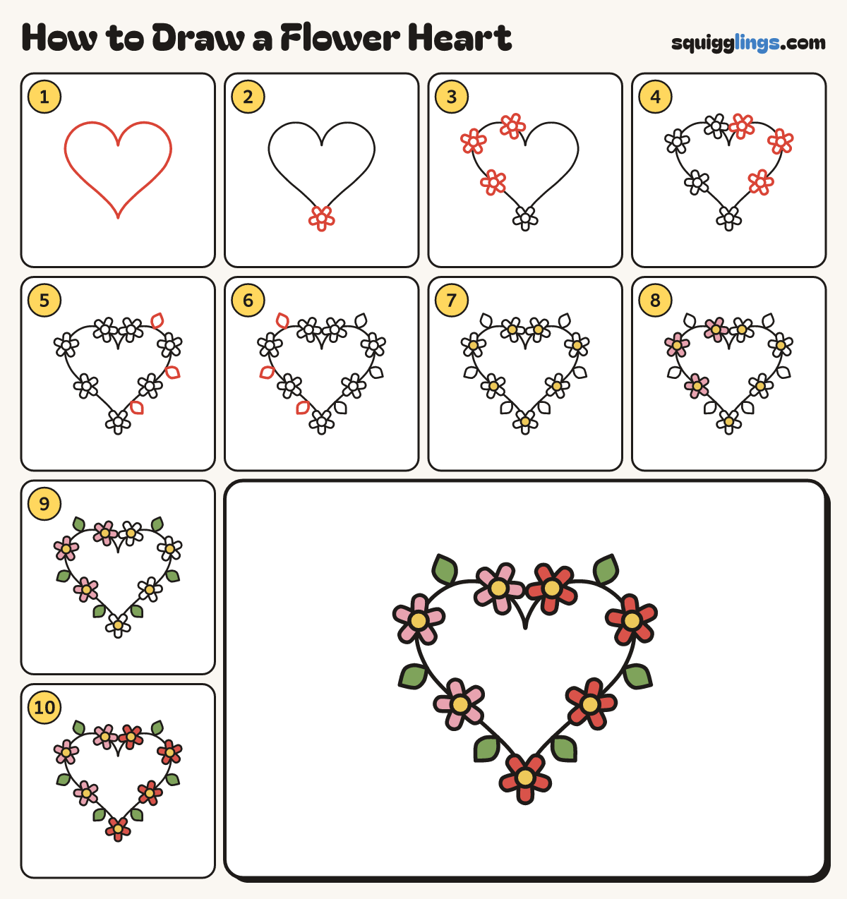 How to Draw a Flower Heart step by step: all 10 steps in one picture