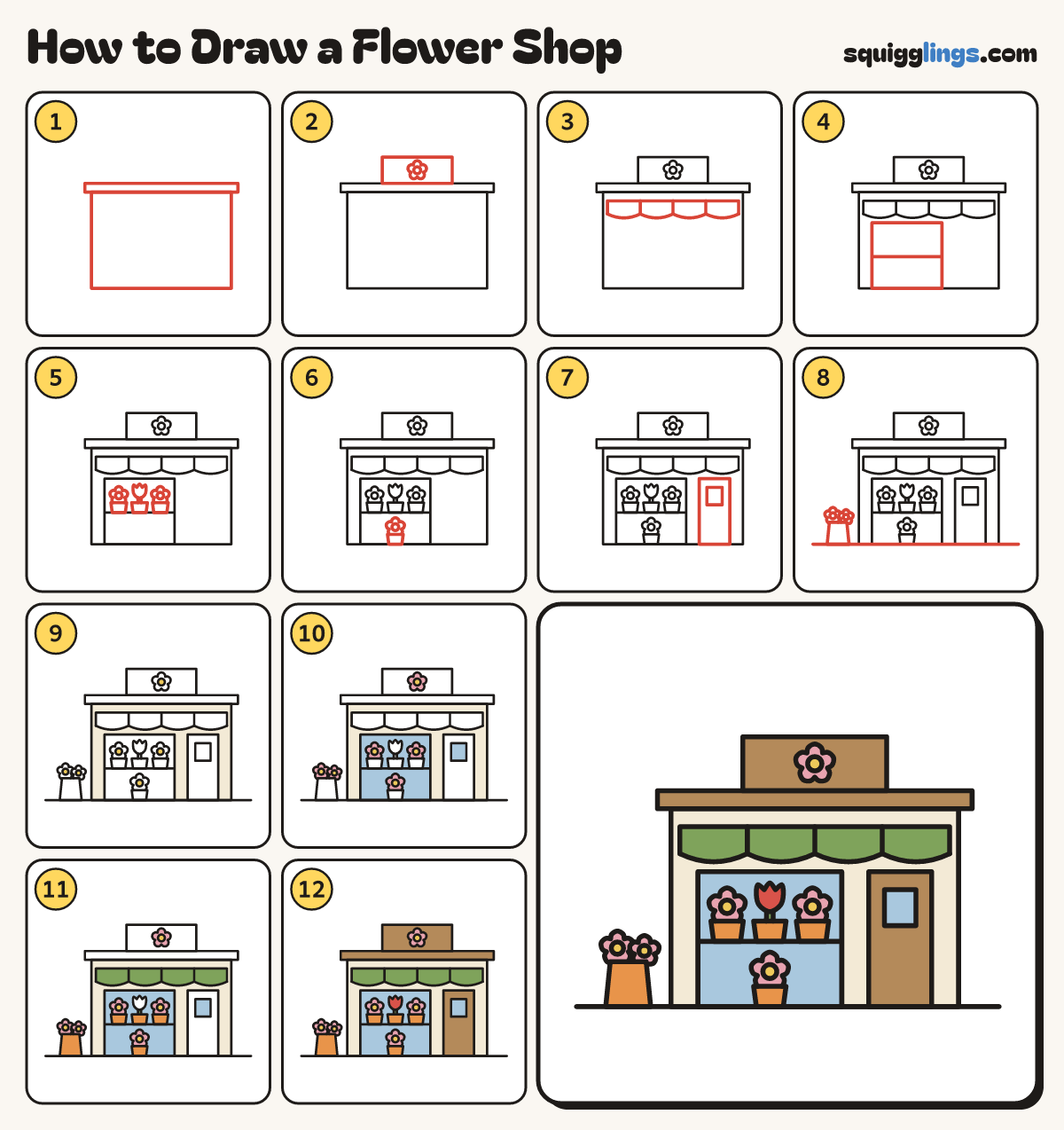 How to Draw a Flower Shop step by step: all 12 steps in one picture