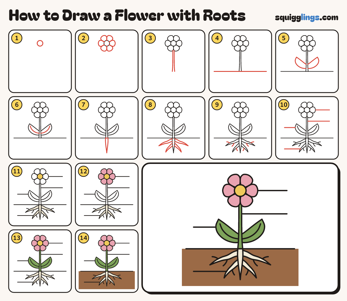 How to Draw a Flower with Roots step by step: all 14 steps in one picture