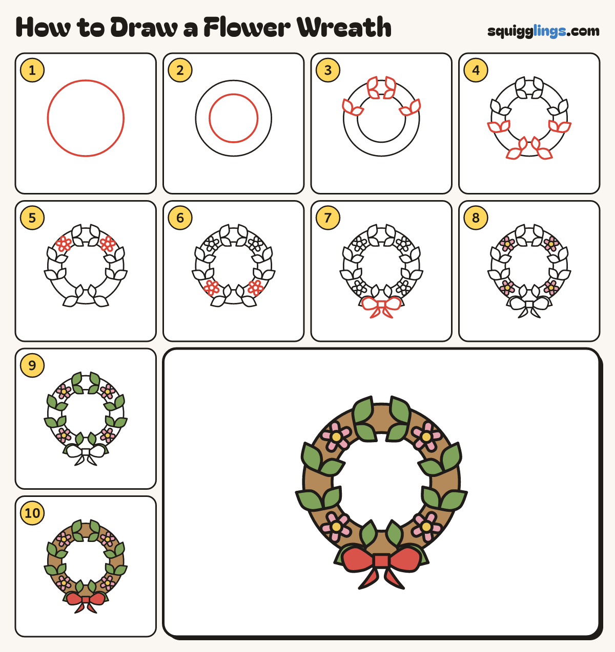 How to Draw a Flower Wreath step by step: all 10 steps in one picture