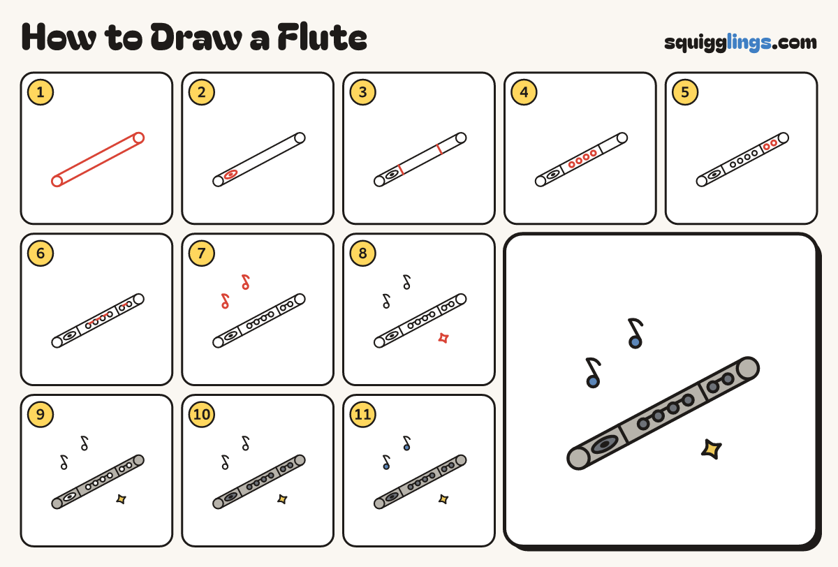 How to Draw a Flute step by step: all 11 steps in one picture