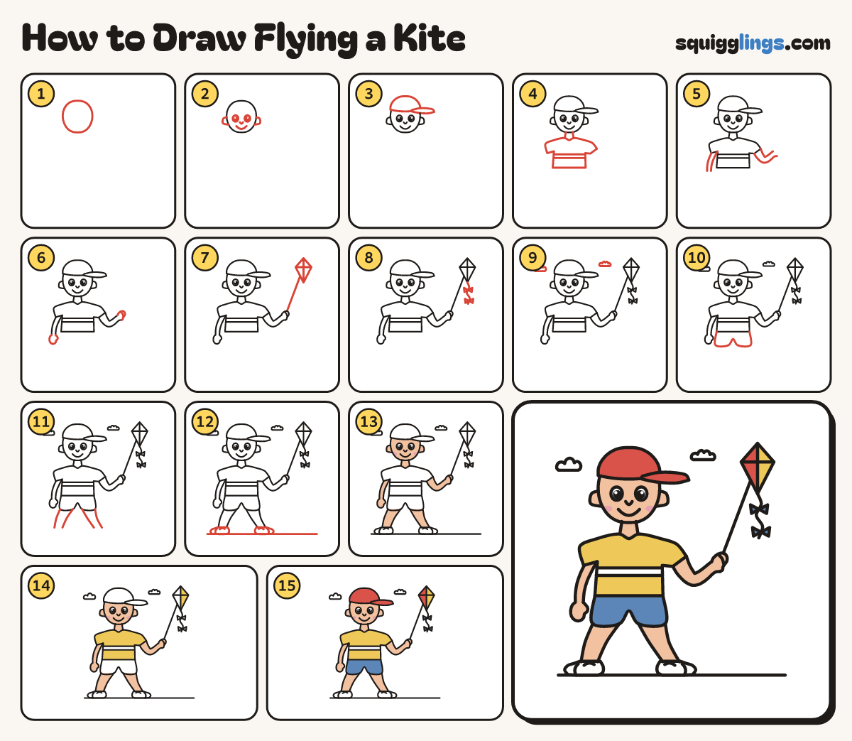 How to Draw Flying a Kite step by step: all 15 steps in one picture