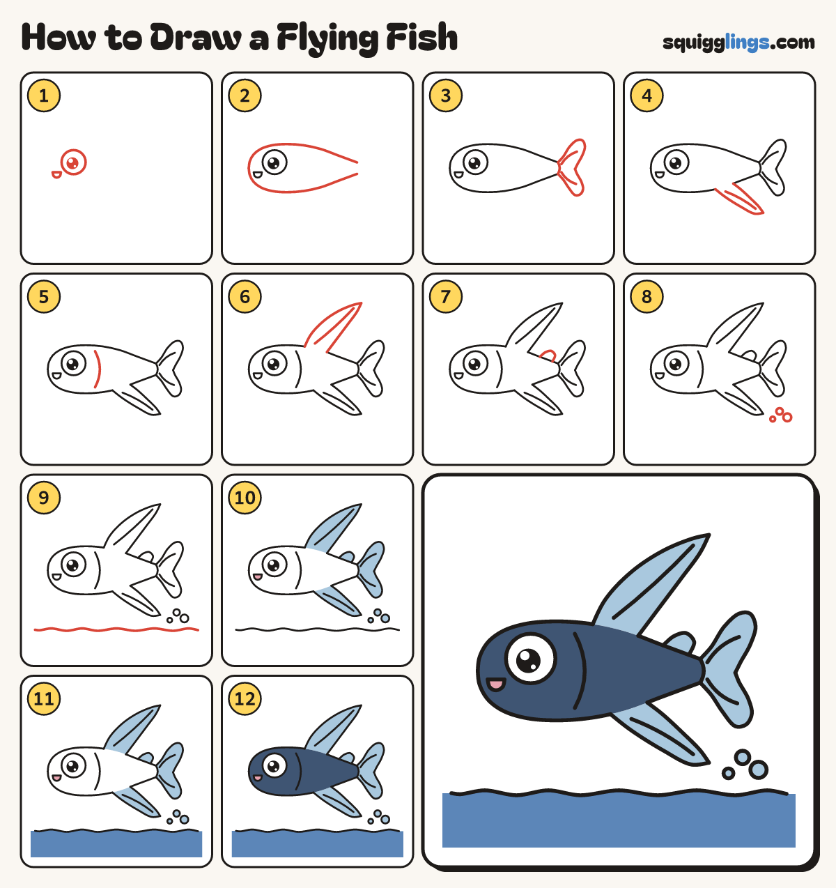 How to Draw a Flying Fish step by step: all 12 steps in one picture