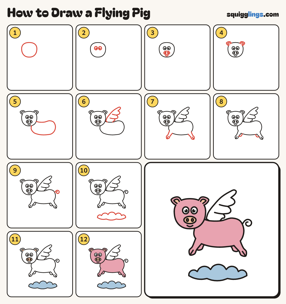 How to Draw a Flying Pig step by step: all 12 steps in one picture
