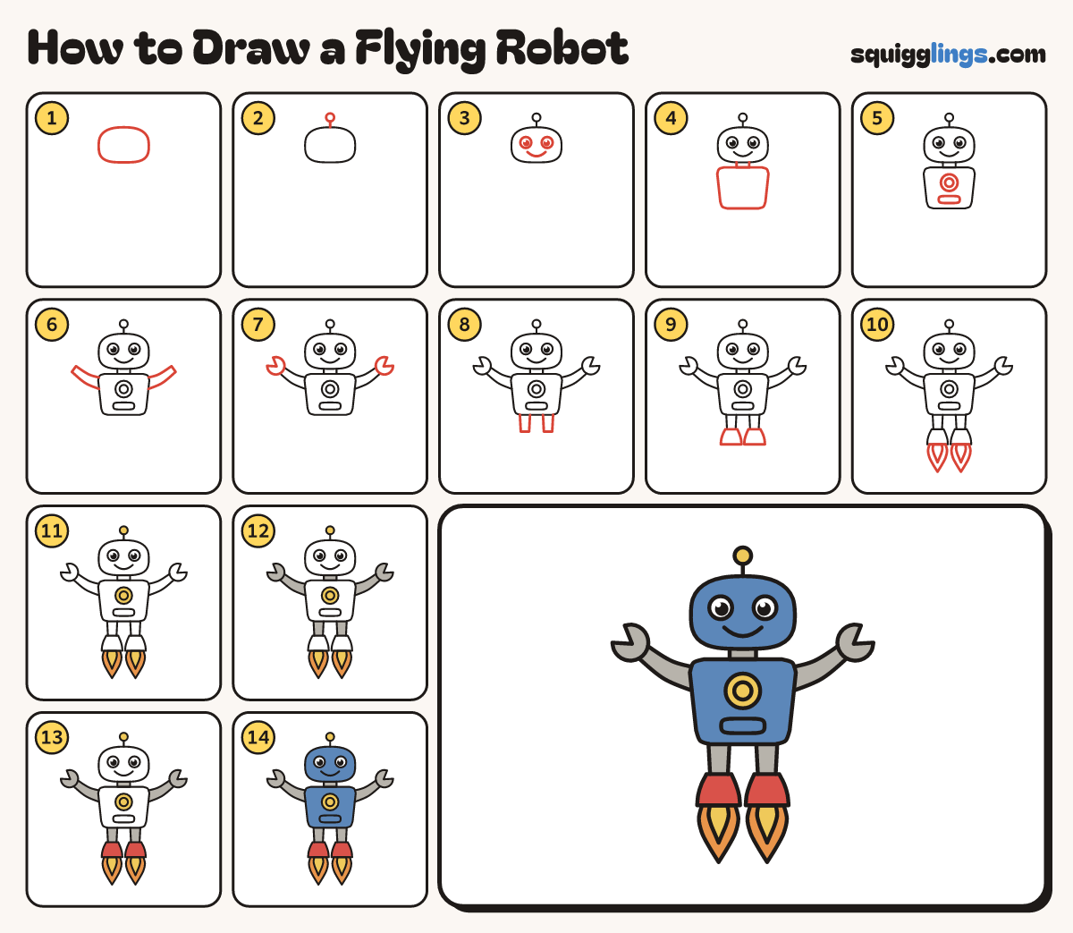 How to Draw a Flying Robot step by step: all 14 steps in one picture