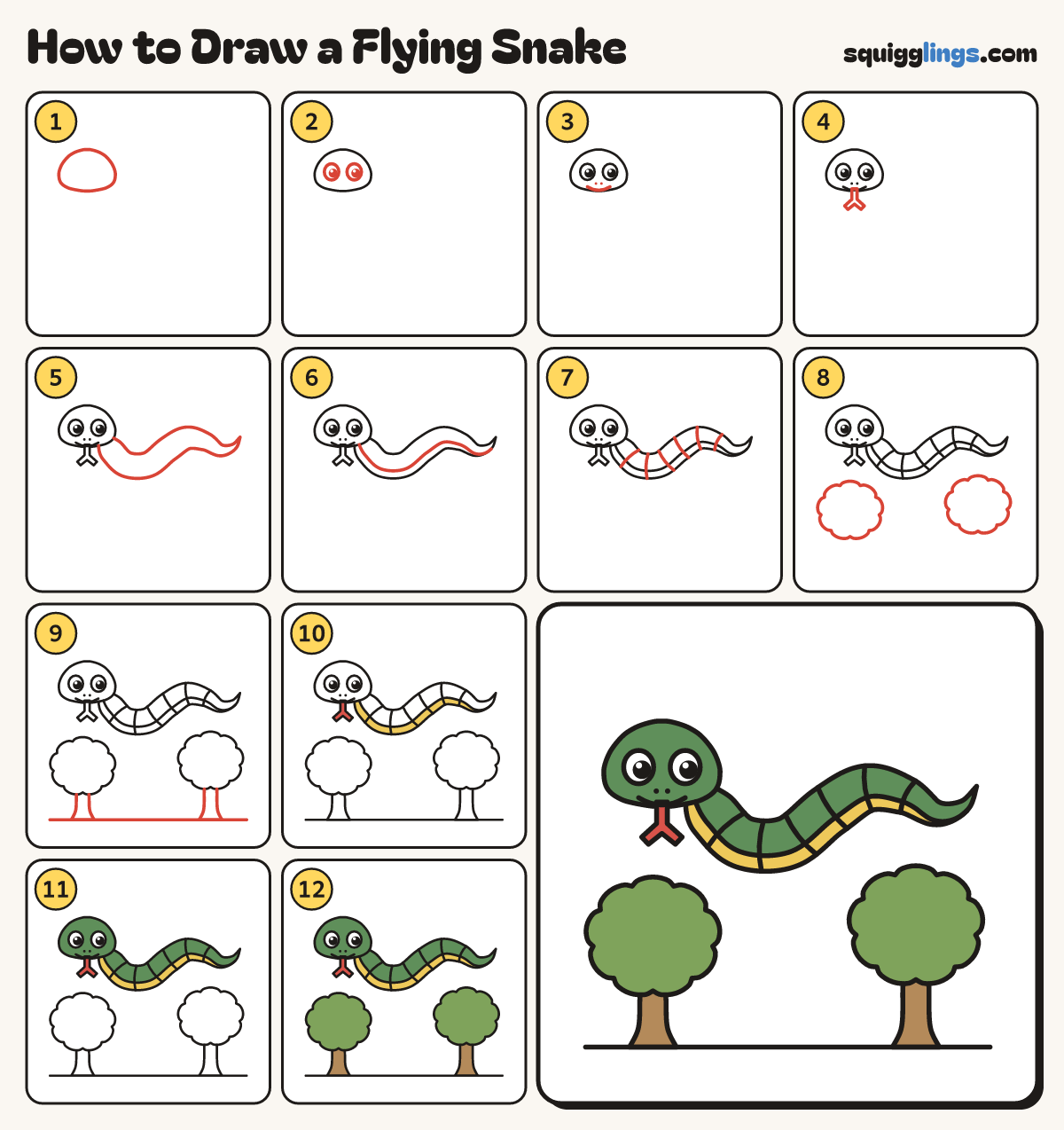 How to Draw a Flying Snake step by step: all 12 steps in one picture