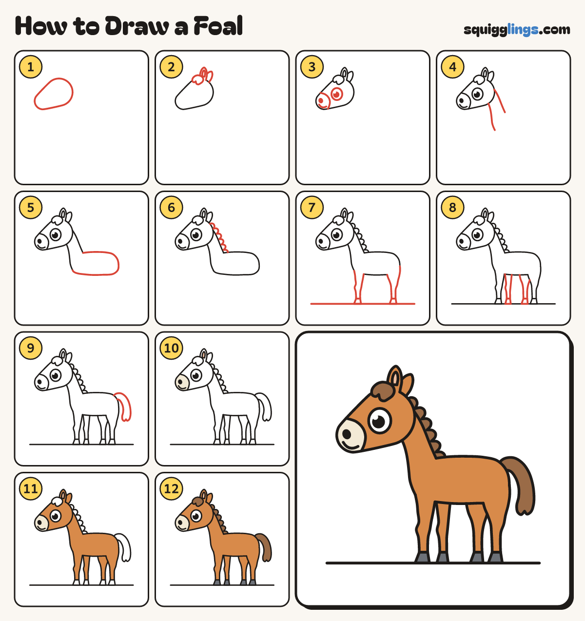 How to Draw a Foal step by step: all 12 steps in one picture