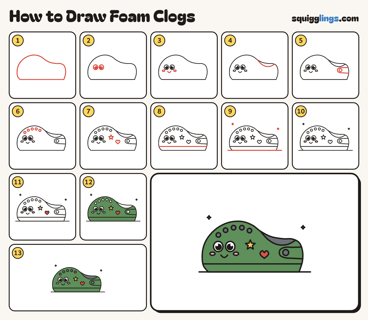 How to Draw Foam Clogs step by step: all 13 steps in one picture