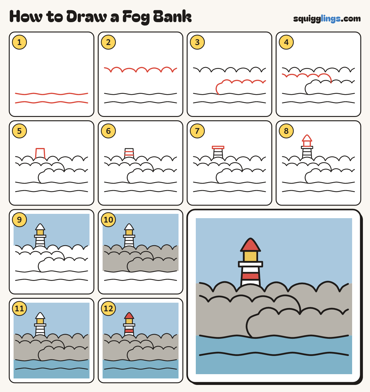 How to Draw a Fog Bank step by step: all 12 steps in one picture