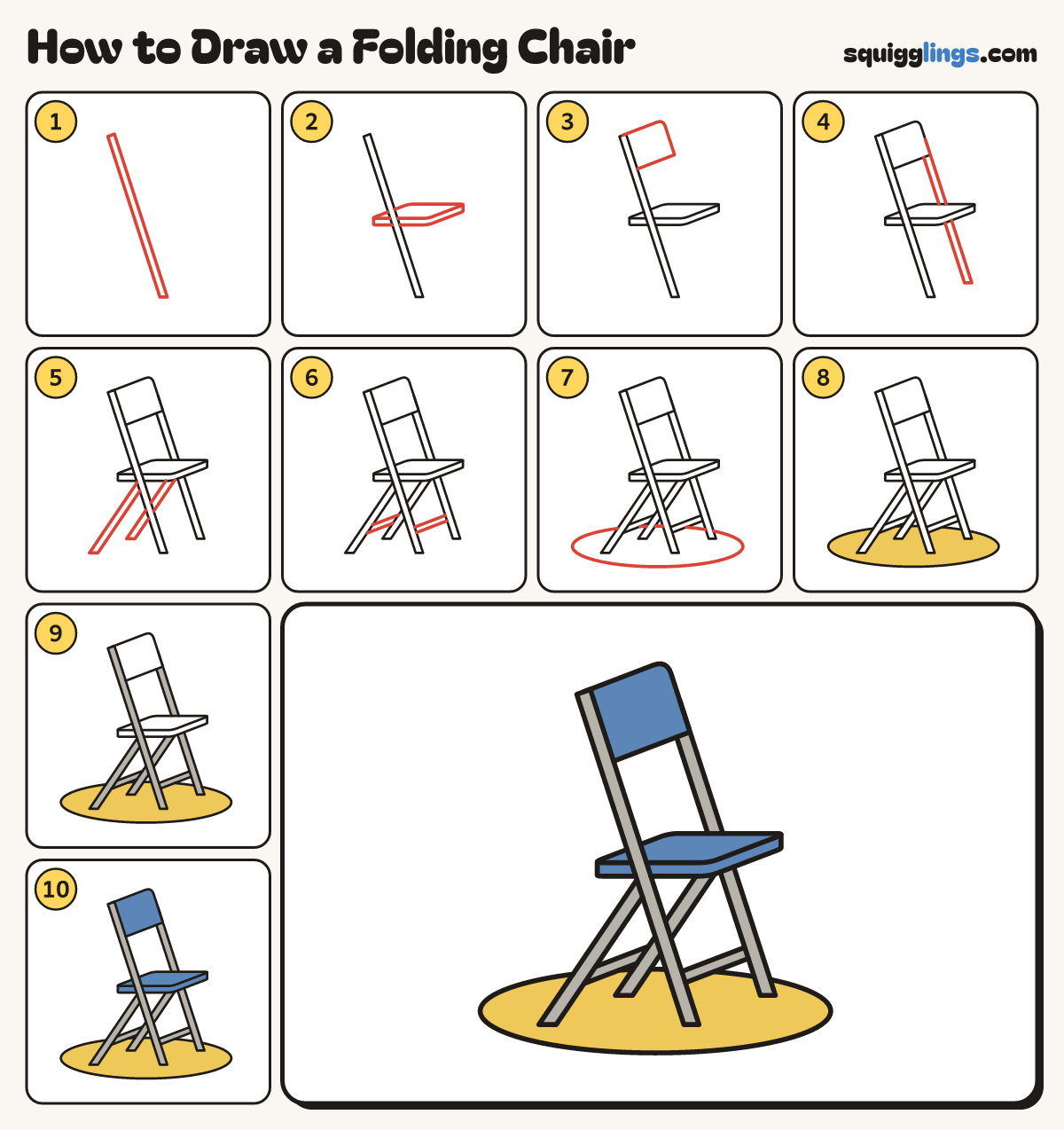 How to Draw a Folding Chair step by step: all 10 steps in one picture